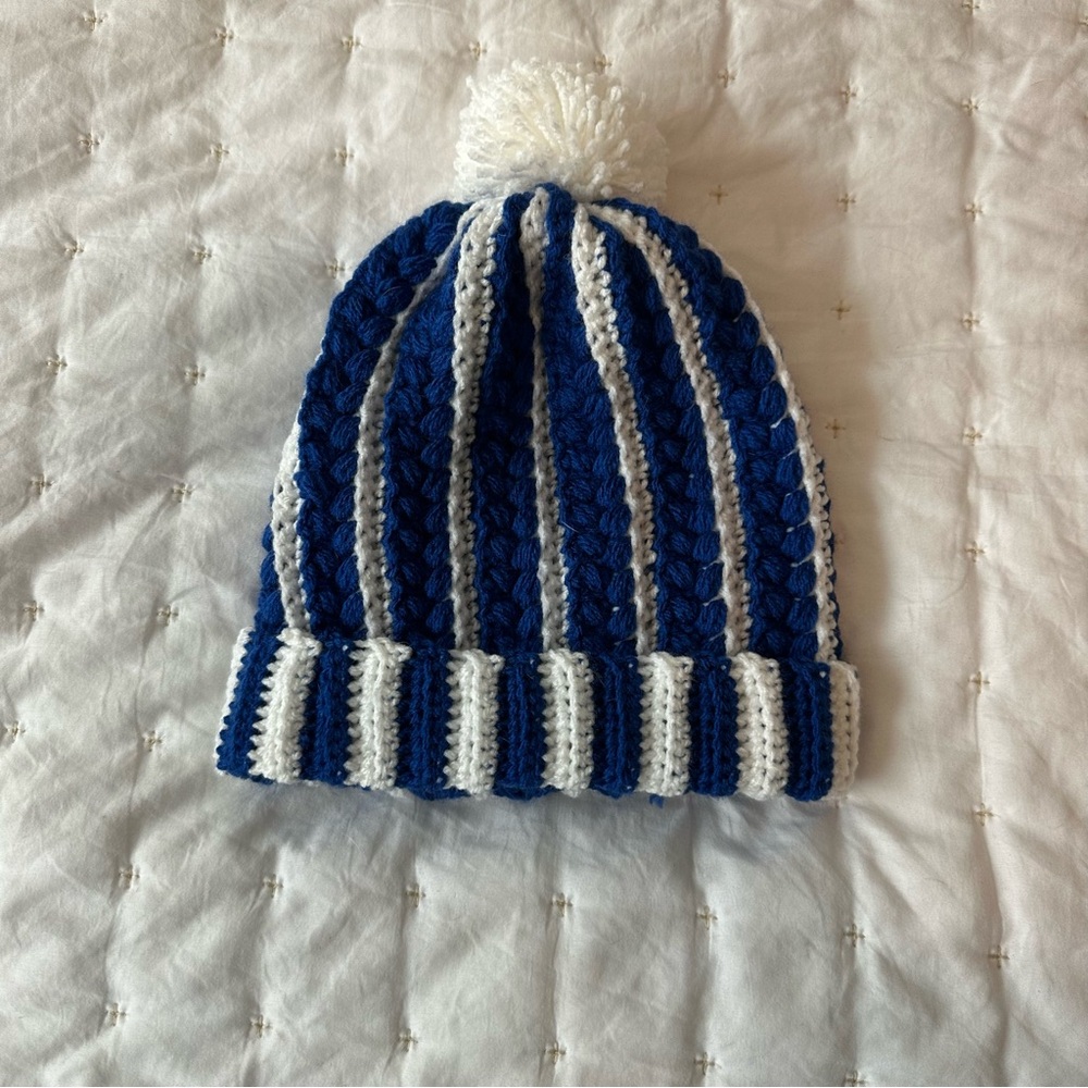Blue and White Striped Crocheted Beanie nwot Handmade